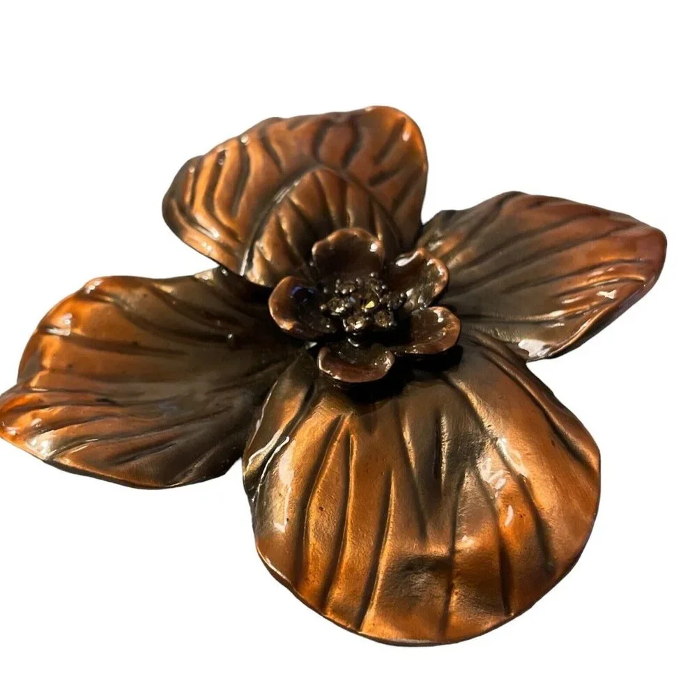 VTG Erwin Pearl Rhinestone Layered Petal‎ Flower Copper Color Enamel Brooch Pin
